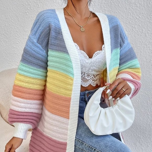 Multicolor Boho Womens Colorblock Drop Shoulder Duster Cardigan - Picture 2 of 4